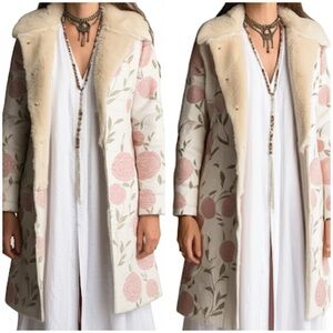 Laura Ashley Made In France Vegan Suede FauxFur Lined Cream and Pink Floral Coat